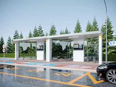 Modern Bus Stop With Glass Structure White Roof And Pine Trees Near Road Waiting Area 3d model