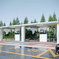 Modern Bus Stop With Glass Structure White Roof And Pine Trees Near Road Waiting Area