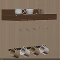 Wooden Wall Mounted Shelf With White Mugs Glass Pitcher And Hanging Wine Glasses