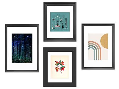 Four Framed Wall Art Prints With Various Designs In Black Frames For Home Decor 3d model