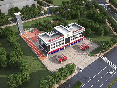 Modern Fire Station Building Exterior With Fire Trucks Basketball Court And Surrounding Trees 3d model