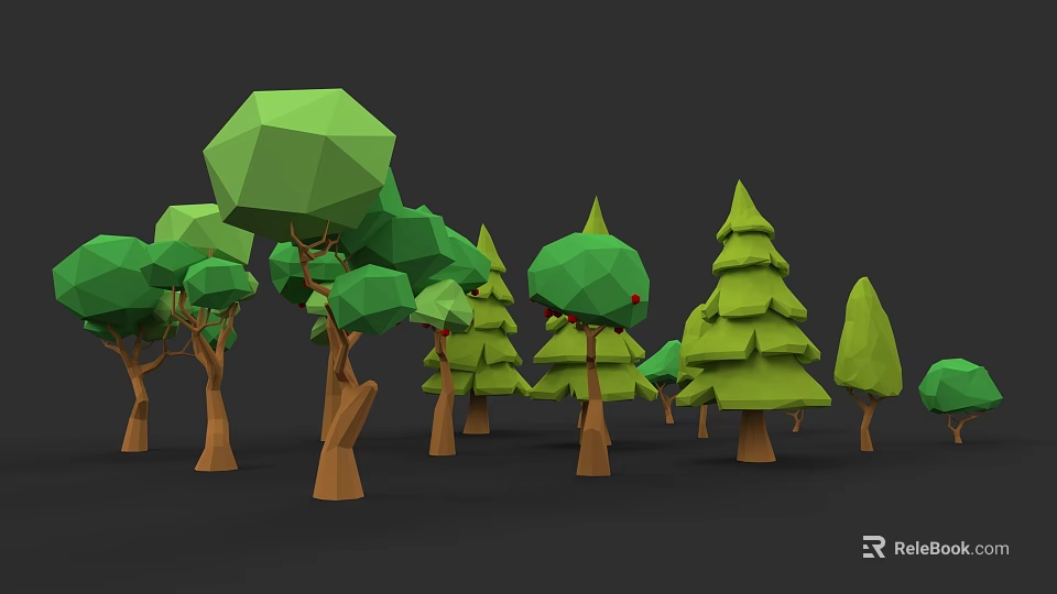 Low Poly Style Arbor with Green Canopies Brown Trunks and Various Shapes on Black Background 3d model 