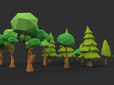 Low Poly Style Arbor with Green Canopies Brown Trunks and Various Shapes on Black Background 3d model