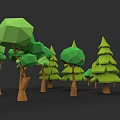 Low Poly Style Arbor with Green Canopies Brown Trunks and Various Shapes on Black Background