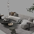 Modern Light Gray Sofa and Coffee Table Set with Throw Pillows Black Round Table and Green Plant