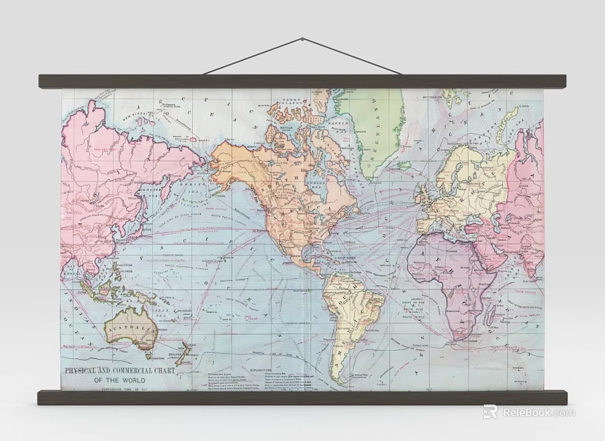 Colorful World Map Wall Decor With Vintage Design And Hanging Frame 3d model 
