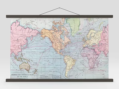 Colorful World Map Wall Decor With Vintage Design And Hanging Frame 3d model
