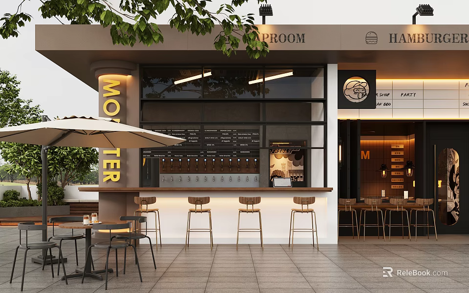 Modern Outdoor Cafe With Glass Windows Umbrella Seating Bar Counter And Wooden Stools 3d model 