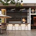 Modern Outdoor Cafe With Glass Windows Umbrella Seating Bar Counter And Wooden Stools