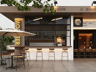 Modern Outdoor Cafe With Glass Windows Umbrella Seating Bar Counter And Wooden Stools 3d model