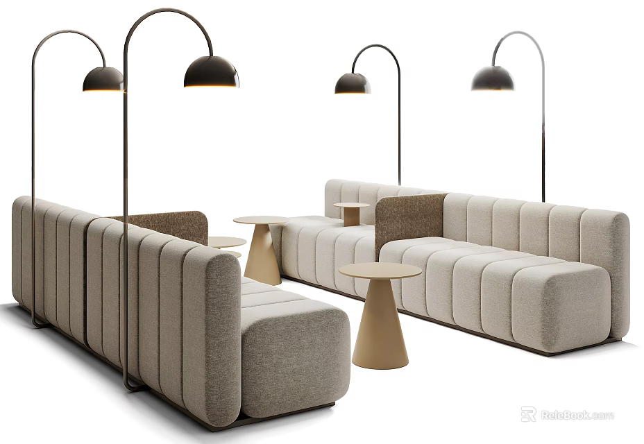 Modern Public Seating With Curved Sectional Sofa Side Tables And Floor Lamps 3d model 