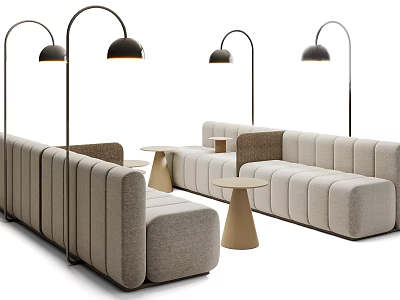 Modern Public Seating With Curved Sectional Sofa Side Tables And Floor Lamps 3d model