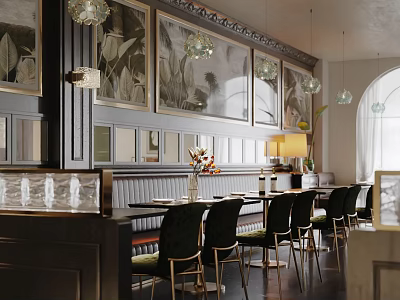 Vintage Restaurant Interior Featuring Framed Paintings Pendant Lights Leather Chairs And Greenery 3d model