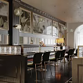 Vintage Restaurant Interior Featuring Framed Paintings Pendant Lights Leather Chairs And Greenery