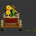 Yellow Sunflowers in Red Wooden Cart with Green Leaves Orange Wheels and Scattered Leaves Reflection