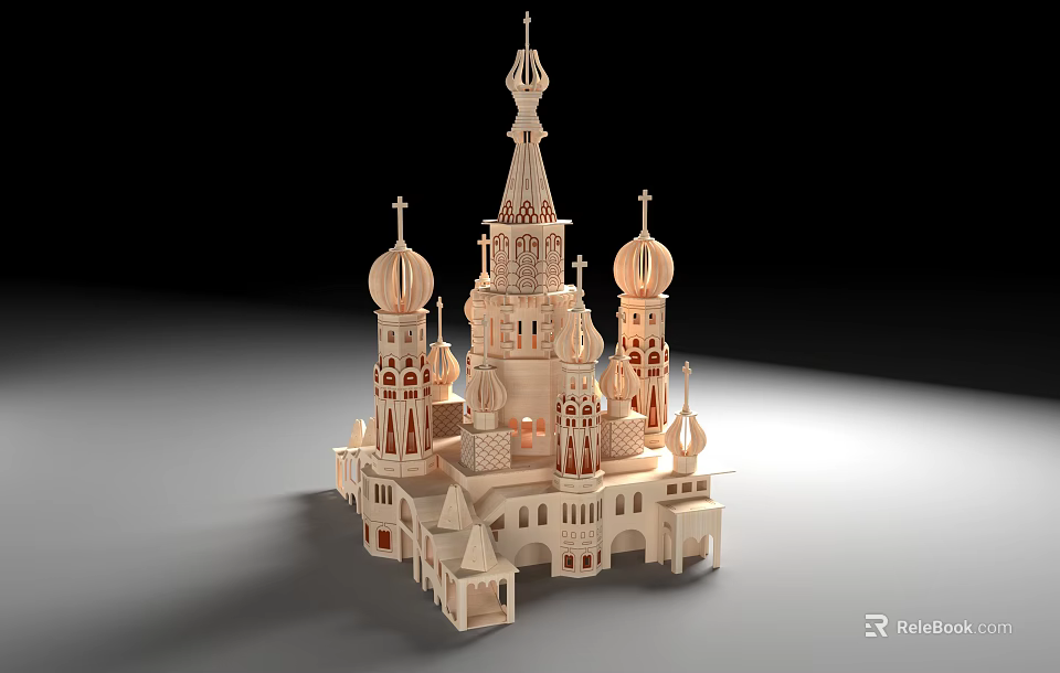 Intricate Wooden Church Shaped Doll with Detailed Domes and Spires Design 3d model 