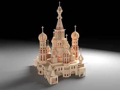 Intricate Wooden Church Shaped Doll with Detailed Domes and Spires Design 3d model