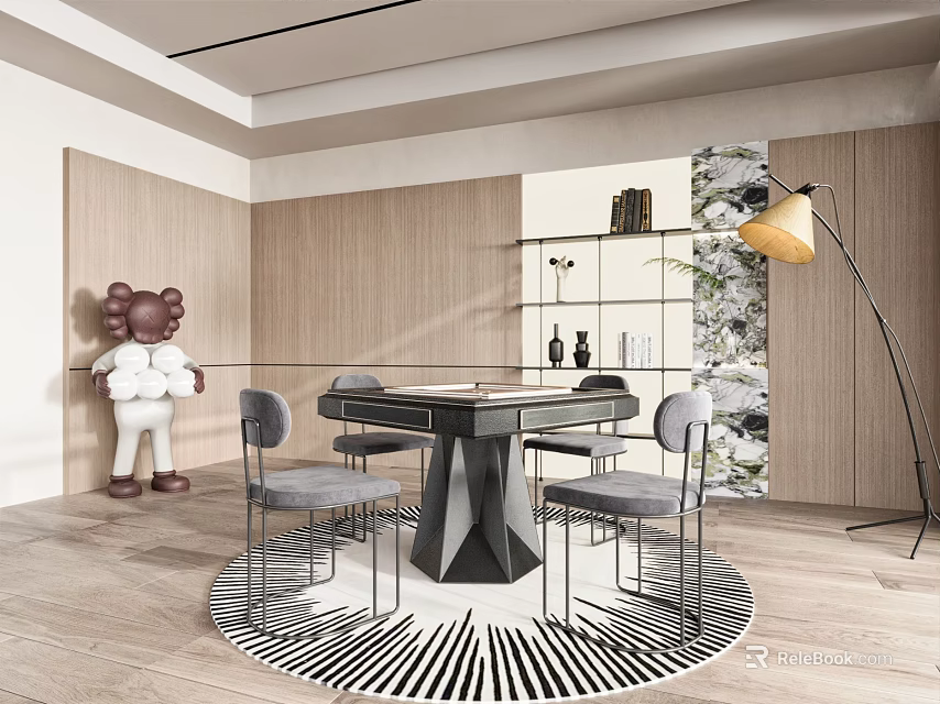 Modern Hotel Mahjong Room With Wooden Walls Black Hexagonal Table Gray Chairs And Striped Rug 3d model 