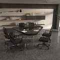 Modern Conference Room Interior With Dark Table Transparent Legs Black Office Chairs Bookshelf Green Plant