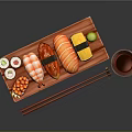 Assorted Sushi Platter on Wooden Tray with Chopsticks and Soy Sauce