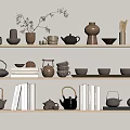 Various Tea Sets Displayed On Wooden Shelves With Teapots Teacups Books And Decorative Plants