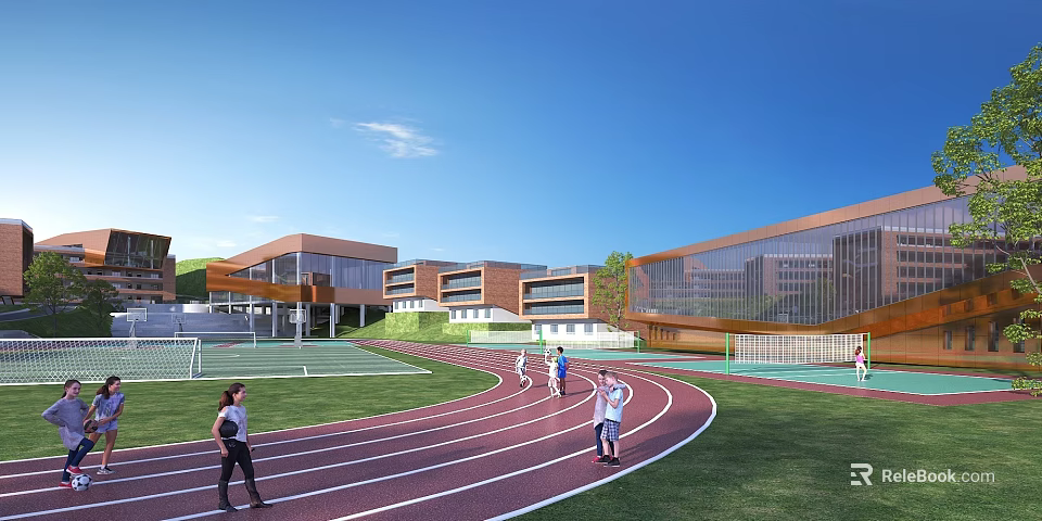 Modern School Building With Glass Facade Brick Exterior Track Field And Green Lawn 3d model 