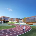 Modern School Building With Glass Facade Brick Exterior Track Field And Green Lawn