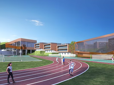 Modern School Building With Glass Facade Brick Exterior Track Field And Green Lawn 3d model