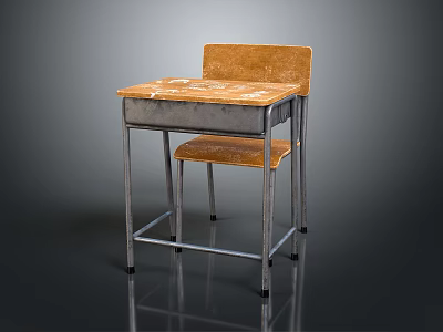 Retro Classroom Furniture Set With Wooden Tabletop And Metal Frame Chair 3d model