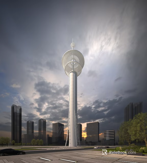 Tall Modern Tower With Lattice Top Standing Amid Urban Skyscrapers And Cloudy Sky 3d model 
