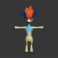 Game Movie Character 3D Model with Red Flame Mane Blue Horn Cream Body Standing Pose