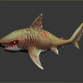 Shark with Yellow and Brown Stripes Open Mouth Red Teeth 3D Model on Black Background