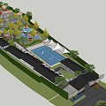 Aerial View Of Luxury Resort Landscape With Swimming Pool Green Trees And Buildings