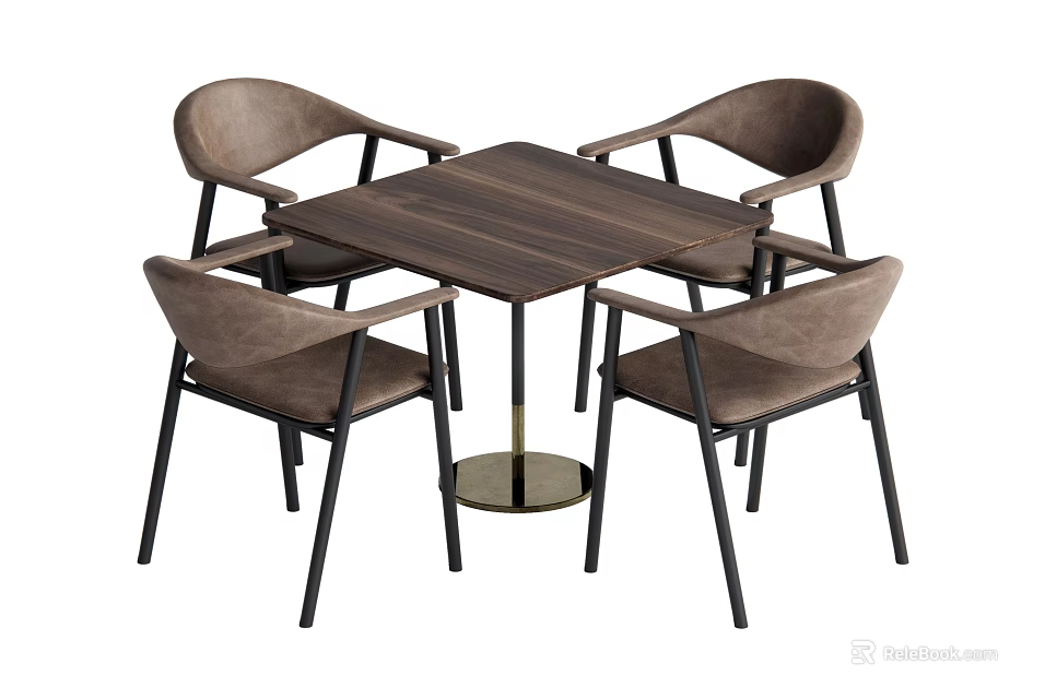 Modern Square Wooden Table And Four Chairs Set With Golden Legs And Light Brown Seats 3d model 
