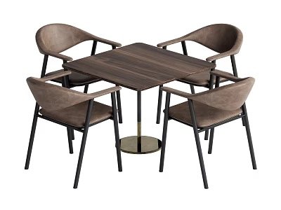 Modern Square Wooden Table And Four Chairs Set With Golden Legs And Light Brown Seats 3d model