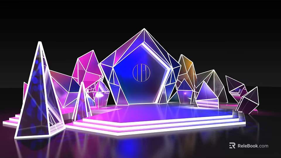 Modern Stage With Geometric Shapes Colorful Lights Illuminated Edges And Glowing Steps 3d model 