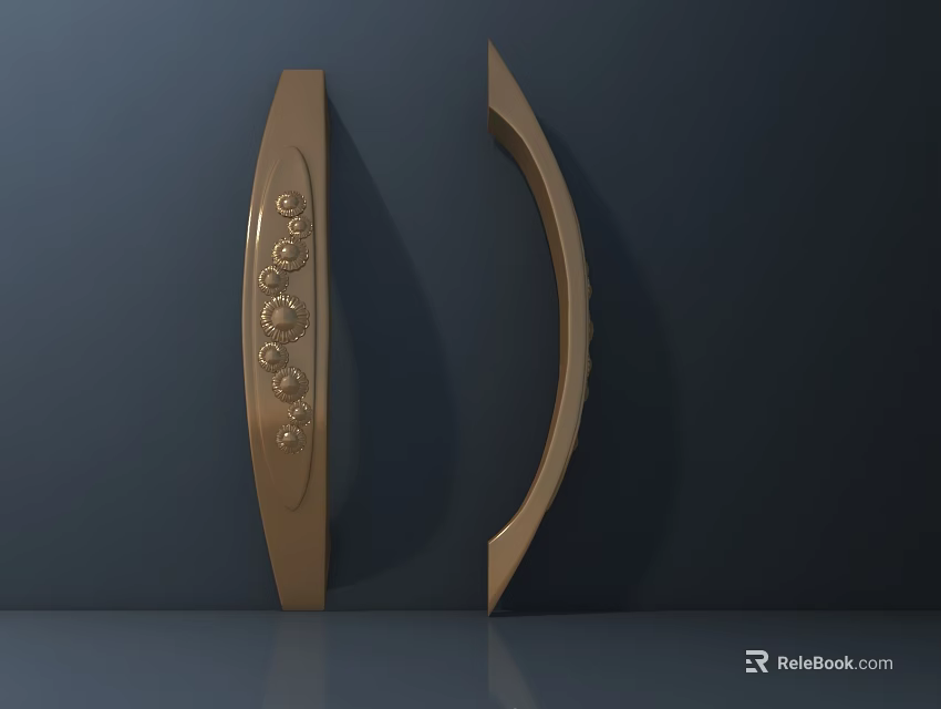 Golden Cabinet Handles With Decorative Patterns And Curved Design On Dark Background 3d model 