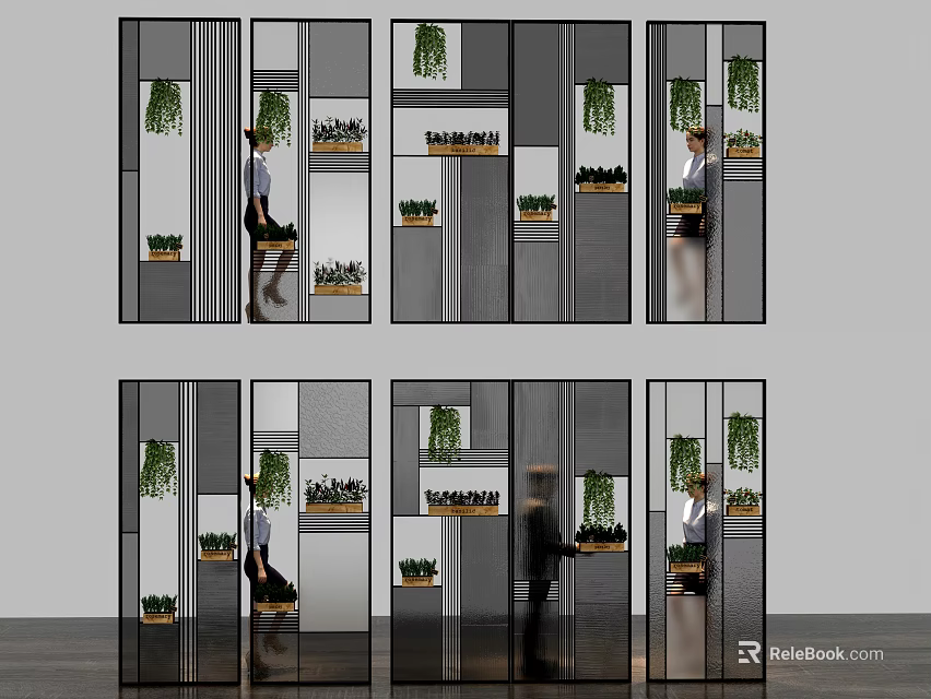 Modern Room Divider With Grid Design And Hanging Plant Decorations For Interior Spaces 3d model 