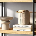 Modern Minimalist Decorative Ornaments Set on Shelves with Vases Frames Books and Sculptures
