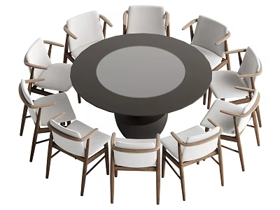 Modern Round Dining Table Set with Eight Wooden Chairs and White Cushioned Seats 3d model