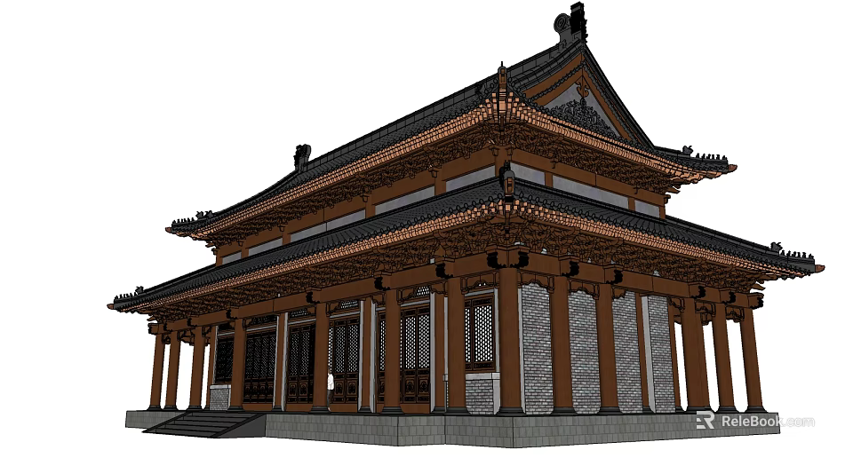 Traditional Ancient Chinese Architectural Building With Overhanging Eaves Wooden Structure And Tile Roof 3d model 