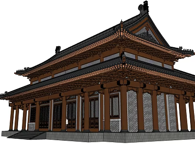 Traditional Ancient Chinese Architectural Building With Overhanging Eaves Wooden Structure And Tile Roof 3d model