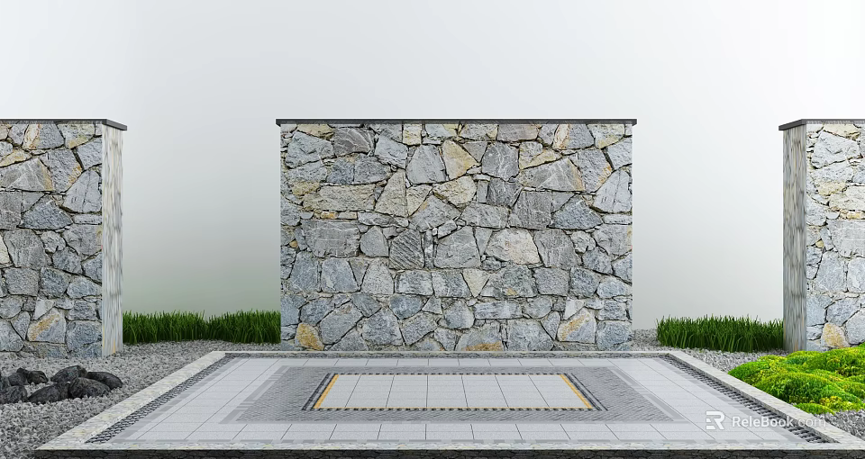 Natural Stone Feature Wall With Irregular Gray Beige Stones Grass And Stone Pavement 3d model 