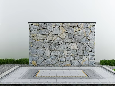 Natural Stone Feature Wall With Irregular Gray Beige Stones Grass And Stone Pavement 3d model