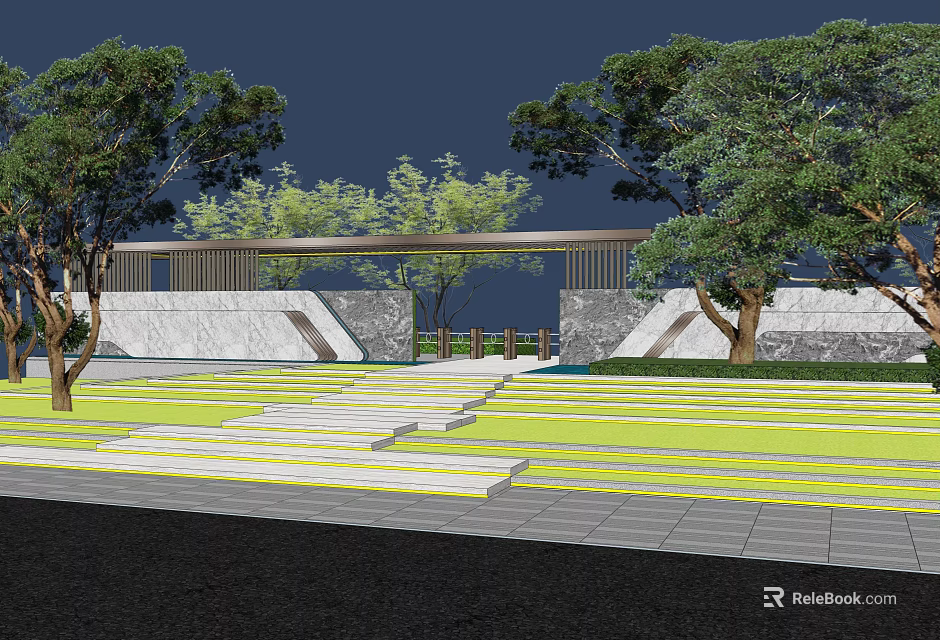 Modern Entrance Gate With Stone Walls Green Trees And Landscaped Steps 3d model 