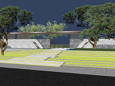 Modern Entrance Gate With Stone Walls Green Trees And Landscaped Steps 3d model