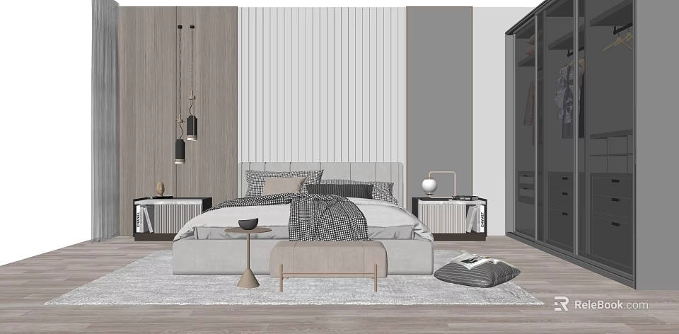 Modern Background Double Bed With Gray Pink Pillows Beige Bench Nightstands And Wooden Walls 3d model 