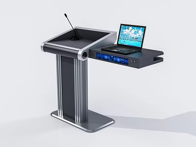 Modern Lecture Podium With Microphone Laptop And Blue Control Panel Design 3d model
