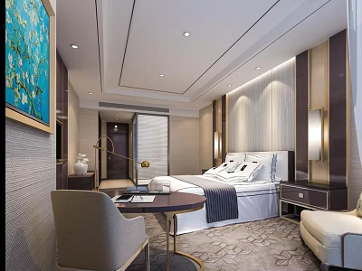 Hotel Guest Room Modern Interior With King Bed Nightstand Chair And Decorative Painting 3d model