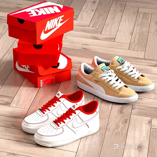 White And Beige Sneakers With Red White Laces Next To Stacked Nike Boxes 3d model 